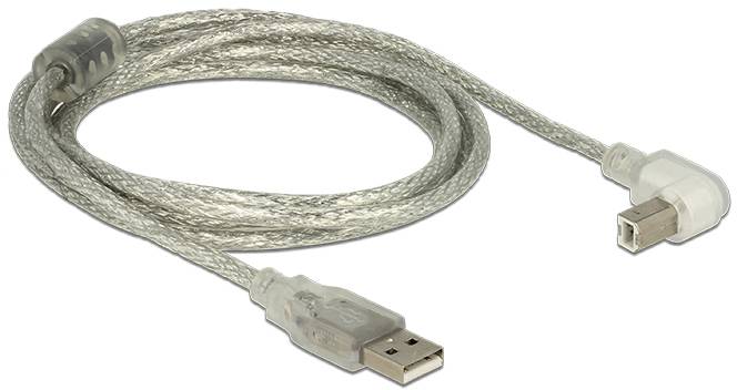 Kabel s průhledným plastovým pláštěm s konektory USB-A a USB-B, vhodné pro připojení tiskáren nebo scannerů.