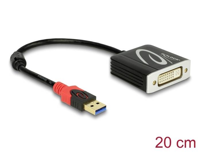 USB-DVI adaptér s 20cm kabelem. Adaptér má černé tělo s DVI výstupem a červeným USB konektorem.