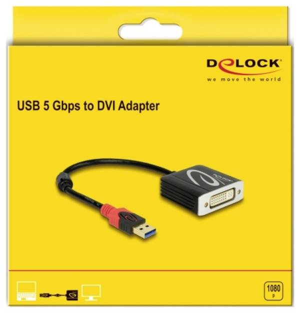 Delock 62737 USB / DVI kabelový adaptér [1x USB-A konektor - 1x DVI zásuvka 24+5pólová] černá pozlacené kontakty, s feritovým jádrem 20 cm