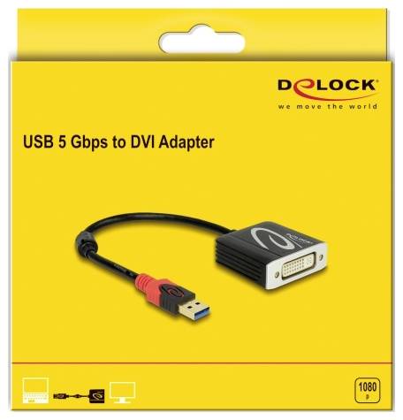 Žlutý karton s popiskou 'USB 5 Gbps to DVI Adapter', obrázek USB-DVI kabelu, značka Delock.