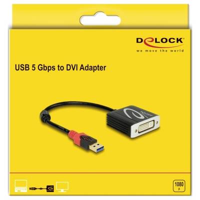 Žlutý karton s popiskou 'USB 5 Gbps to DVI Adapter', obrázek USB-DVI kabelu, značka Delock.