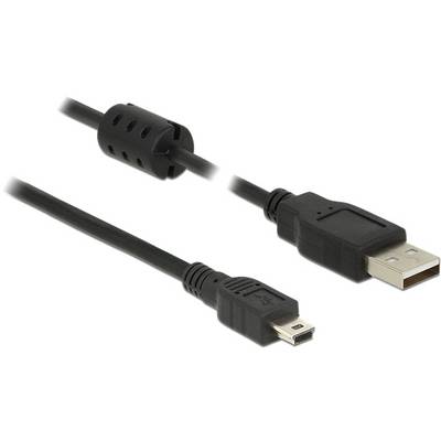 USB kabel s USB-A konektorem na jedné straně a mini-USB konektorem na straně druhé, propojené černým kabelem.