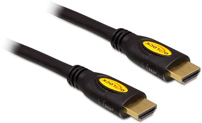 Dva černé HDMI kabely se zlatými konektory a štítkem "D-LOCK", používané pro digitální audio a video připojení.