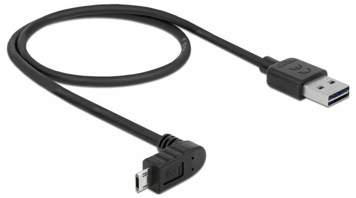 Černý USB kabel se standardním USB konektorem na jednom konci a zahnutým micro-USB konektorem na straně druhé.