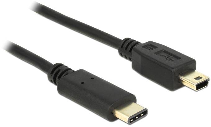 Černý kabel s konektorem USB-C na jedné straně a miniUSB konektorem na straně druhé.