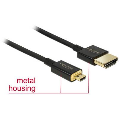 HDMI kabel s mini-HDMI konektorem a standardním HDMI konektorem, oba s kovovými kryty od společnosti Delock.