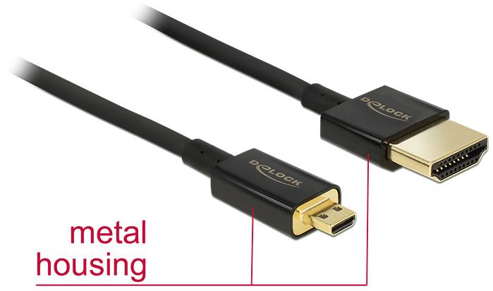 HDMI kabel s kovovými konektory, vlevo Mini-HDMI, vpravo Standard-HDMI. Text: „kovové pouzdro". Název značky viditelný na obou konektorech.