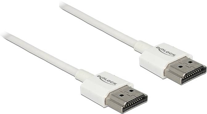 Dva bílé DisplayPort kabely od DeLock, každý s konektorem na obou koncích, vhodné pro přenos audio a video signálů.