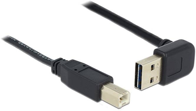 USB kabel s pravoúhlou koncovkou a standardní USB-B koncovkou ukazuje flexibilní možnost připojení.