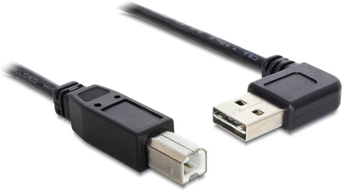 USB kabel s rovným a zahnutým konektorem, vhodný pro připojení zařízení s příslušnými porty.
