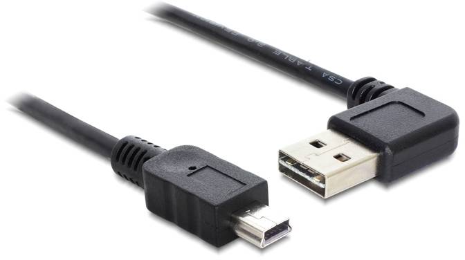 Černý USB 2.0 kabel se standardním USB-A konektorem a Mini-USB-B konektorem, vhodný pro připojení zařízení k počítačům.