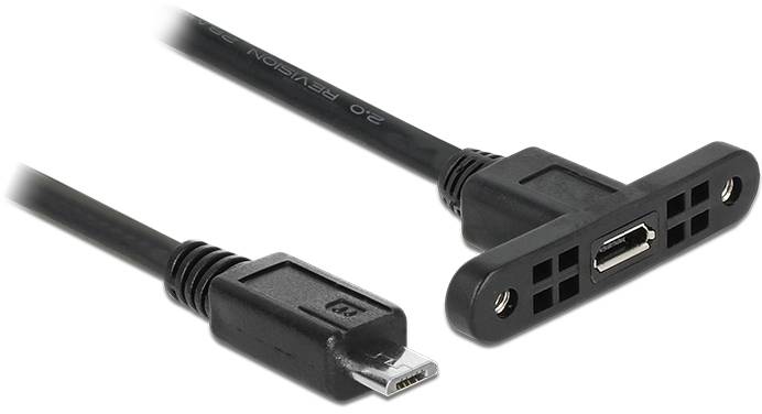 Mikro-USB kabel s panelovou průchodkou. Obrázek ukazuje přední a zadní pohled na kabel vhodný pro montáž.