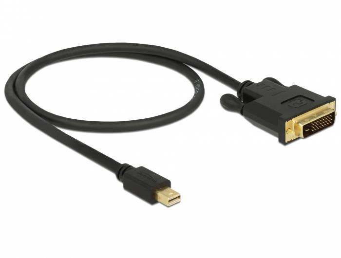 Černý kabel s mini DisplayPortem na jedné straně a DVI konektorem na straně druhé. Vhodný pro video připojení.