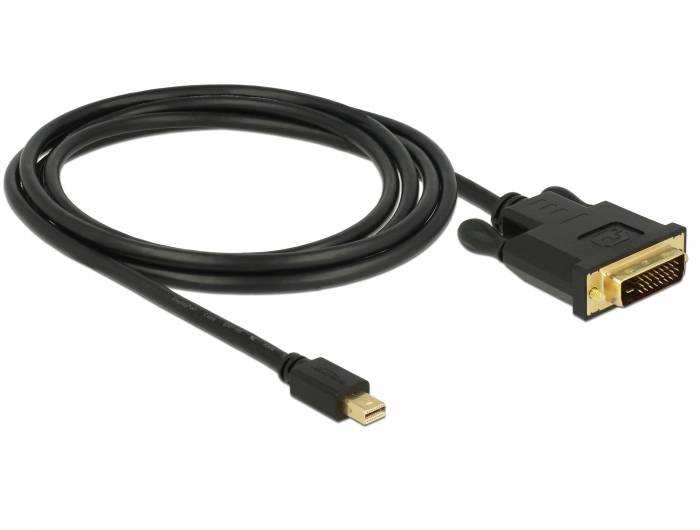 Černý kabel s Mini-DisplayPort a DVI konektorem, vhodný pro připojení mezi počítači a monitory.