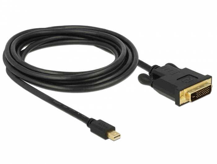 Černý kabel s miniaturním DisplayPort konektorem na jedné straně a DVI konektorem na straně druhé, určený pro přenos obrazu.