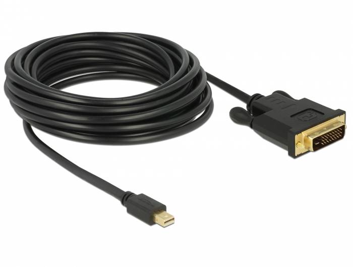 DVI-to-Mini-DisplayPort kabel, černý, se zlatými konektory, svinutý. Používá se k propojení zařízení s rozdílnými konektory.