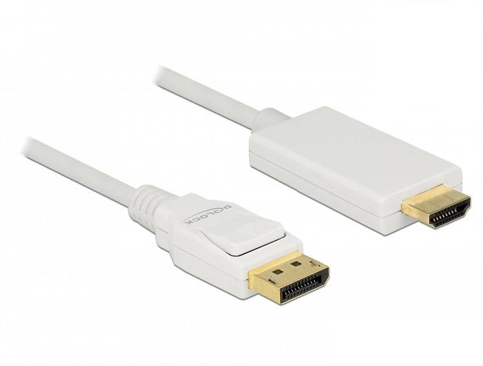 Bílý kabel s konektorem DisplayPort na levé straně a konektorem HDMI na straně pravé, vhodný pro přenos videosignálu.