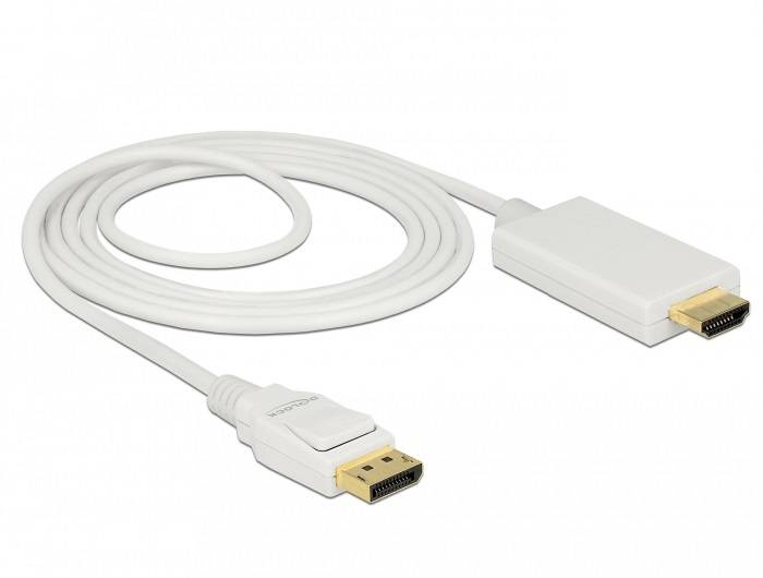 Bílý kabel s konektorem DisplayPort na jedné straně a konektorem HDMI na straně druhé, vhodný pro přenos videa a audia.