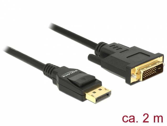 Kabel DisplayPort na DVI, délka přibližně 2 m. Černý kabel se zlatými konektory. Propojuje zařízení s příslušnými porty.