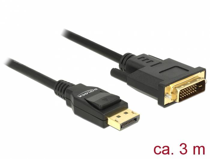 Kabel DisplayPort na DVI o délce přibližně 3 metrů se zlatými konektory.