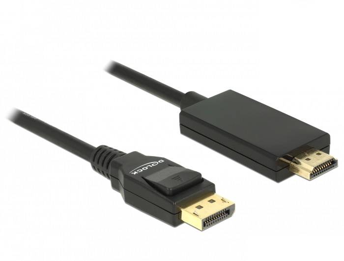 Černý adaptérový kabel s konektorem DisplayPort na jedné straně a konektorem HDMI na straně druhé, určený pro připojení zařízení.