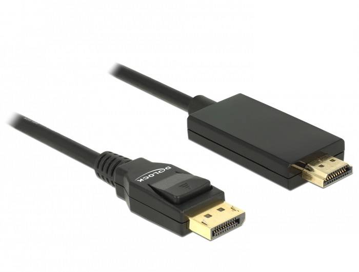 Černý kabel s konektorem DisplayPort na levé straně a konektorem HDMI na straně pravé, kabel Amx.
