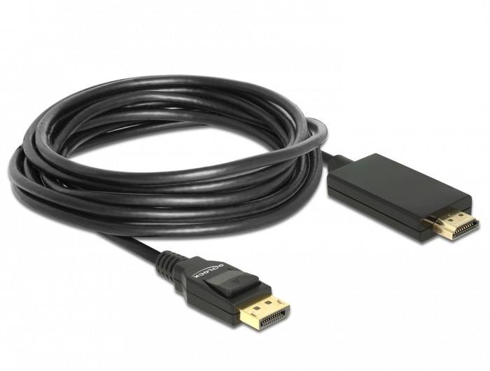 Černý kabel HDMI na DisplayPort zobrazuje konektory na obou koncích, vhodný pro propojení zařízení s rozdílnými konektory.