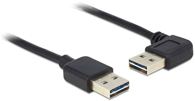 Dva černé USB 3.0 kabely s různými typy konektorů: jeden přímý, druhý v pravém úhlu.