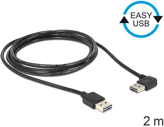 Černý USB kabel, 2 metry dlouhý, s USB konektory na obou koncích. Na obrázku je zobrazen symbol „EASY USB" s šipkami.