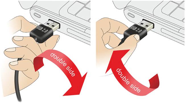 Dva obrázky ukazují zasunutí USB 2.0 konektoru do portu. Šipky a text 'double side' ilustrují oboustranný princip konektoru, který lze zasunout v obou orientacích.