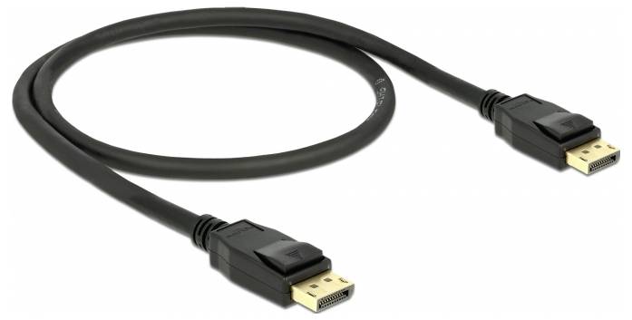 Černý DisplayPort kabel se dvěma identickými konektory na obou koncích, vhodný pro přenos video a audio signálů.