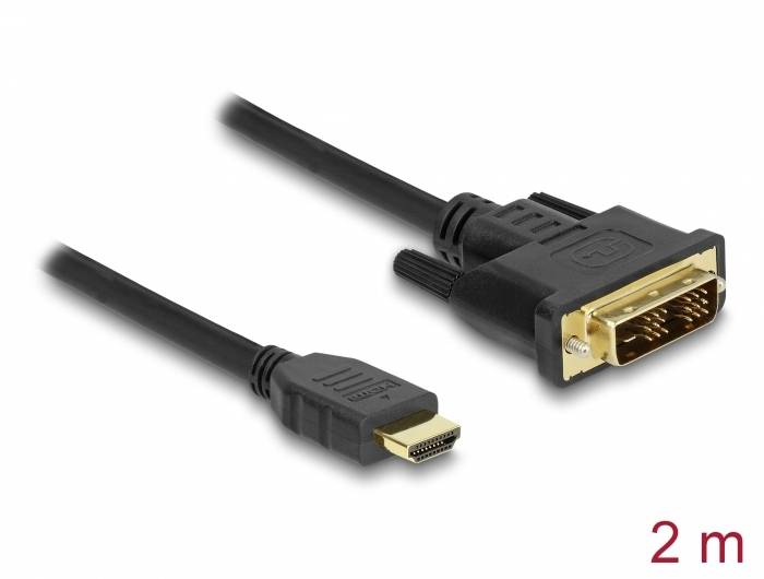 HDMI-DVI kabel, dlouhý 2 metry, s HDMI konektorem vlevo a DVI konektorem vpravo, vhodný pro video připojení.