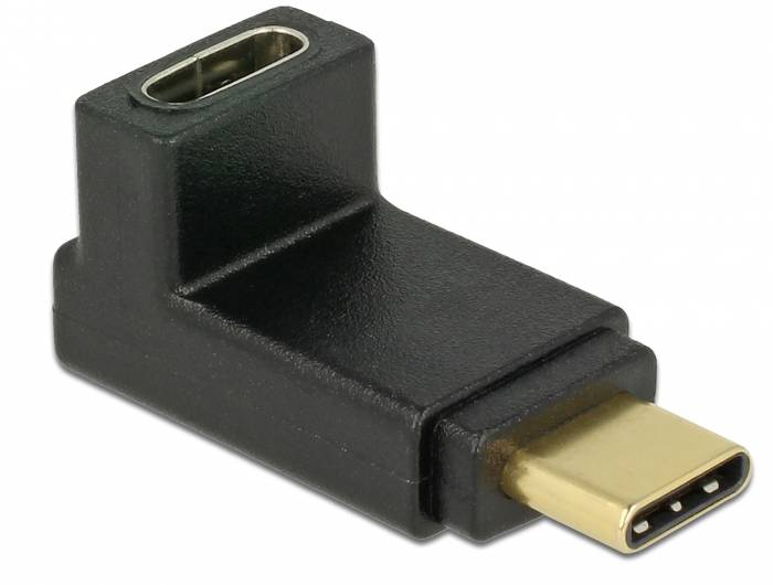 USB-C redukce s pravoúhlým designem, černé provedení se zlatým konektorem, určená pro boční propojení zařízení.