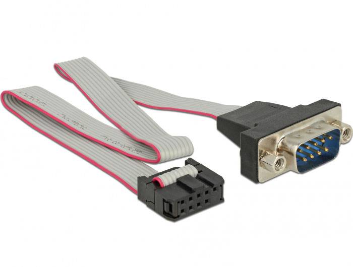 Šedý plochý kabel s 9-pinovým sériovým konektorem na jedné straně a černým 10-pinovým konektorem na straně druhé.