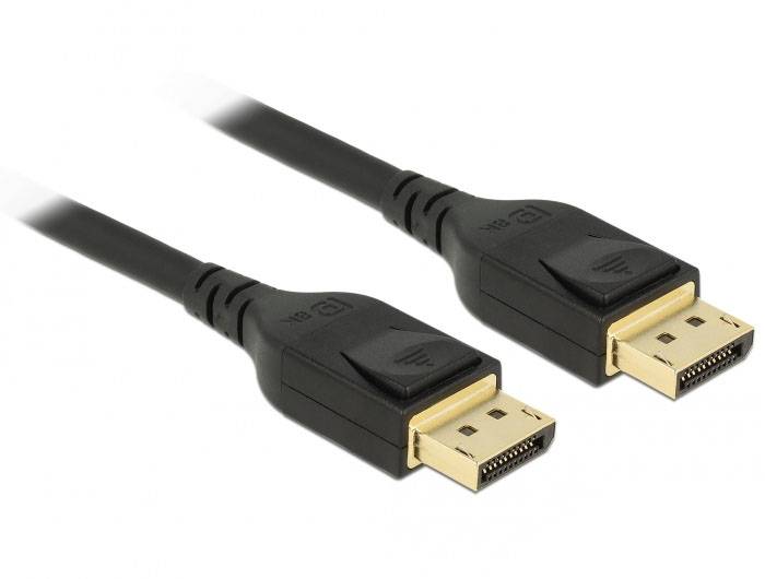 Dva černé DisplayPort kabely se zlatými konektory ukazují připojení. Ideální pro propojení monitorů s počítači.