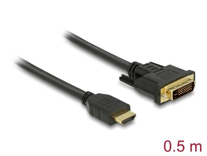 Černý kabel s HDMI konektorem na levé straně a DVI konektorem na straně pravé, délka: 0,5 metru.