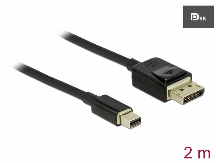 Černý kabel, 2 metry dlouhý, s konektorem DisplayPort a mini DisplayPort konektorem.