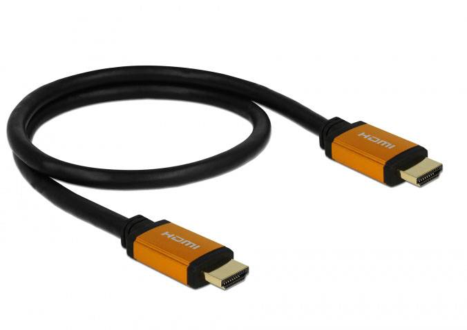 HDMI kabel s černými vodiči a oranžovými konektory.