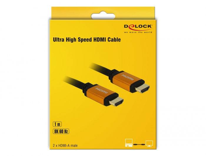 Vysokorychlostní HDMI kabel od DeLOCK, délka 1 m, 8K 60 Hz, s dvěma konektory HDMI-A, obrázek balení.