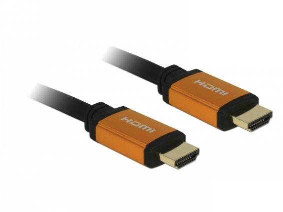 Dva oranžové HDMI kabely se zástrčkami.