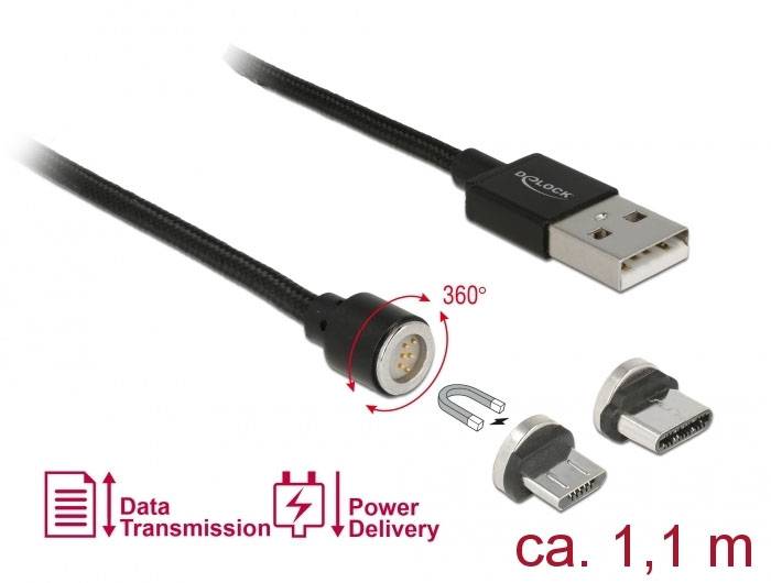 Magnetický USB kabel s otočnou funkcí 360 stupňů a dvěma magnetickými konektory. Vhodný pro přenos dat a napájení. Kabel je přibližně 1,1 metru dlouhý.
