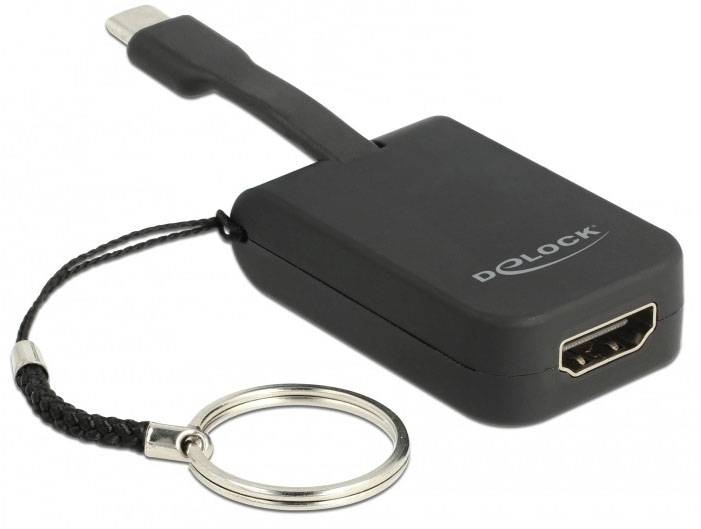 Černý HDMI adaptér od Delocku s krátkou smyčkou a kroužkem na klíče.