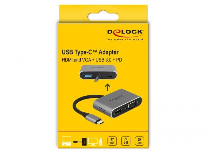Na obalu je napsáno: "USB Type-C Adaptér: HDMI a VGA + USB 3.0 + PD". Obrázek adaptéru zobrazuje jeho konektory a kabel.