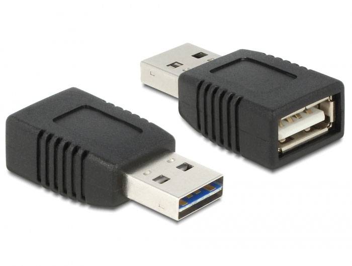 Dva černé USB-A adaptéry, jeden se zástrčkou a jeden s konektorem. Jsou umístěny vedle sebe a zobrazují strany připojení.