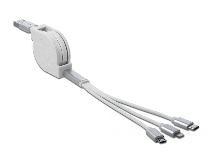 Bílý, vysouvací USB nabíjecí kabel se třemi různými konektory: USB-C, Micro-USB a Lightning, vhodný pro všestranné použití.