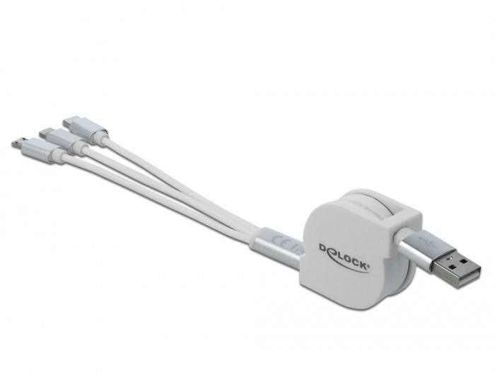 Zasouvací USB kabel se třemi konektory v bílé barvě. Označeno 'Delock'.