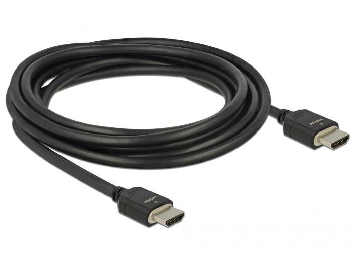 Černý HDMI kabel se dvěma konektory, namotaný do svitku. Vhodný pro propojení audio a video zařízení.