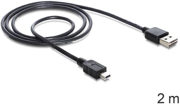 Černý USB kabel, 2 metry dlouhý, s konektory USB-A a Micro-USB, navinutý na bílém povrchu.