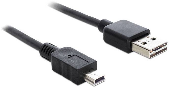 Černý USB kabel se dvěma různými typy konektorů: USB-A a čtvercový konektor pro speciální rozhraní.