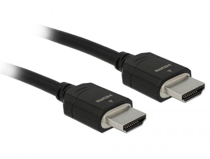 Dva černé HDMI kabely se zástrčkami, které se používají pro přenos digitálních video a audio signálů mezi zařízeními.